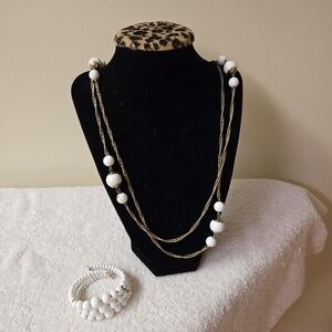 Vintage white beaded cuff bracelet & matching necklace